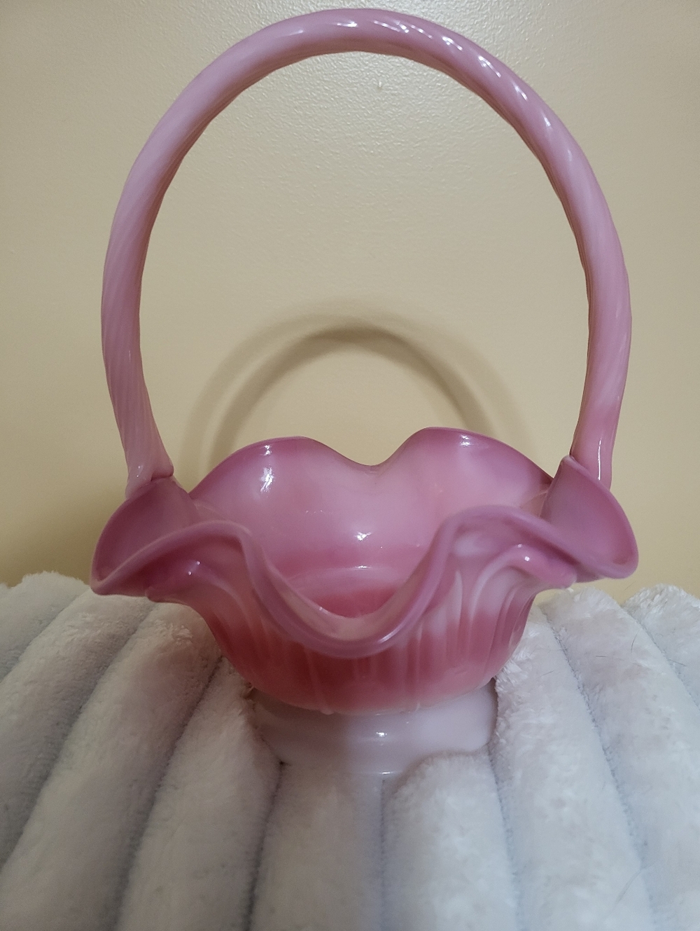 Fenton Bill Fenton Signed Pink Milk  Glass Ruffled Basket with Handle